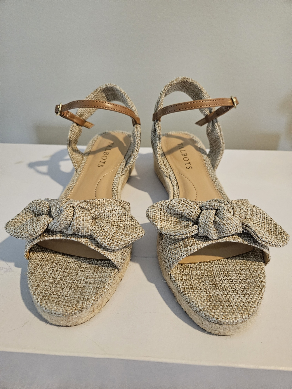 Talbots Neutral Woven Bow Espadrille Wedge Sandals with Tan Straps New No Box